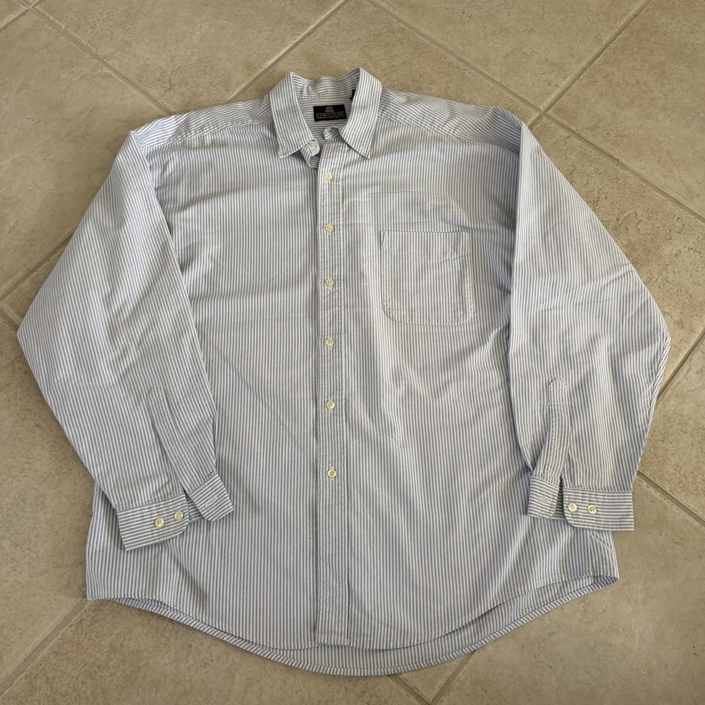 Vintage Structure Men's XL Button Down Shirt Blue Striped 100% Cotton